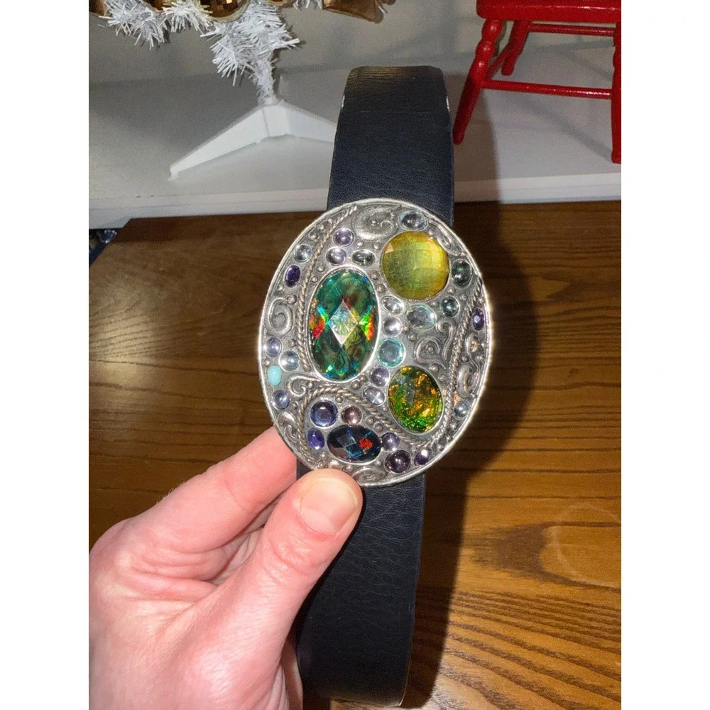 Chicos‎ Black Genuine Leather Belt with Ornate Gemstone Buckle Size SM